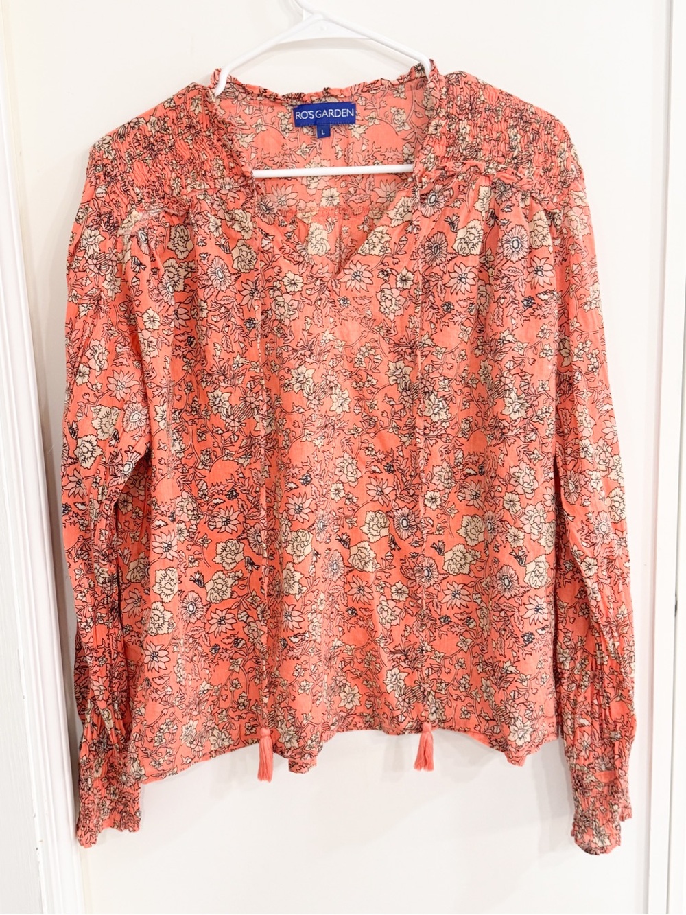 Anthropologie Ro’s Garden Coral Floral Boho Peasant Top Cotton Sz L - Picture 1 of 8